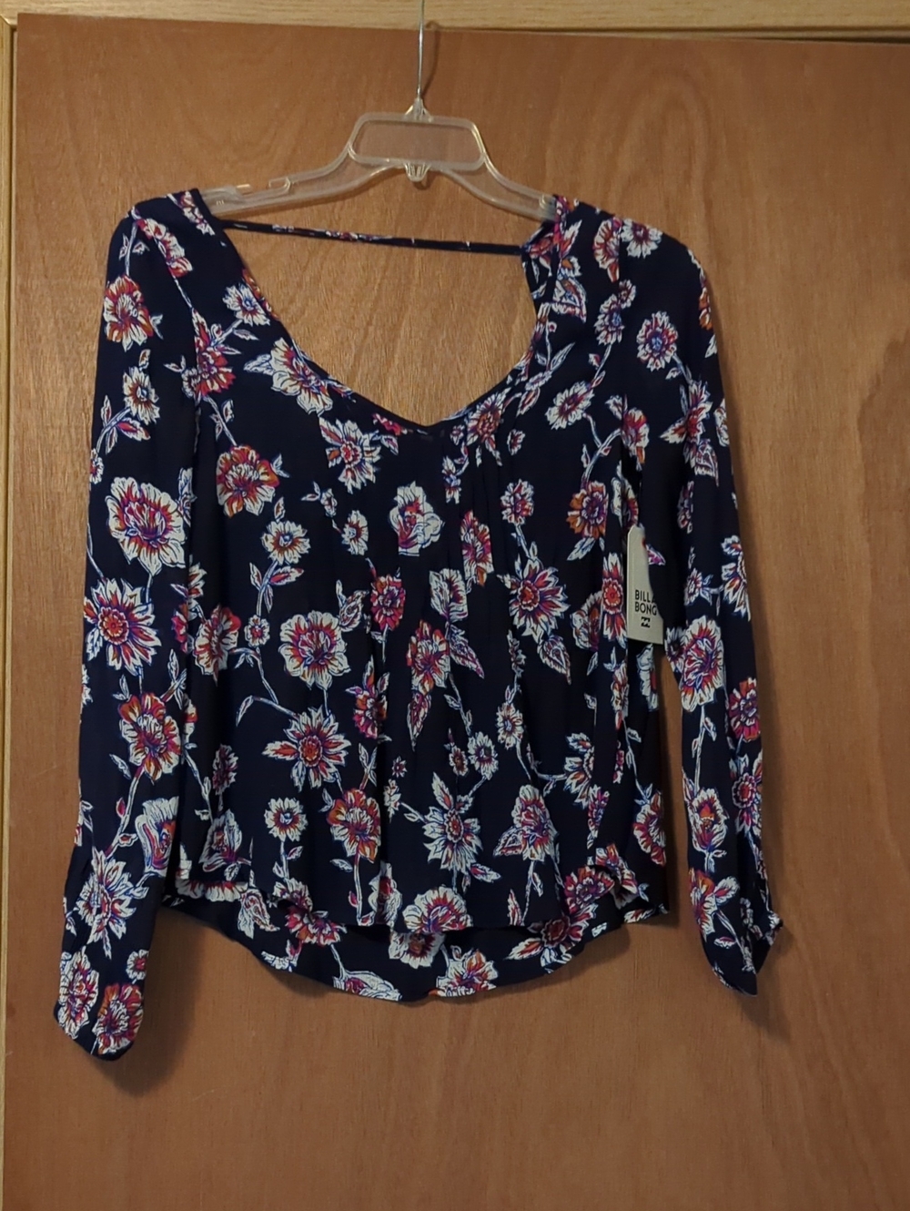 Billabong Navy Floral Scoop-Neck Long Sleeve Blouse